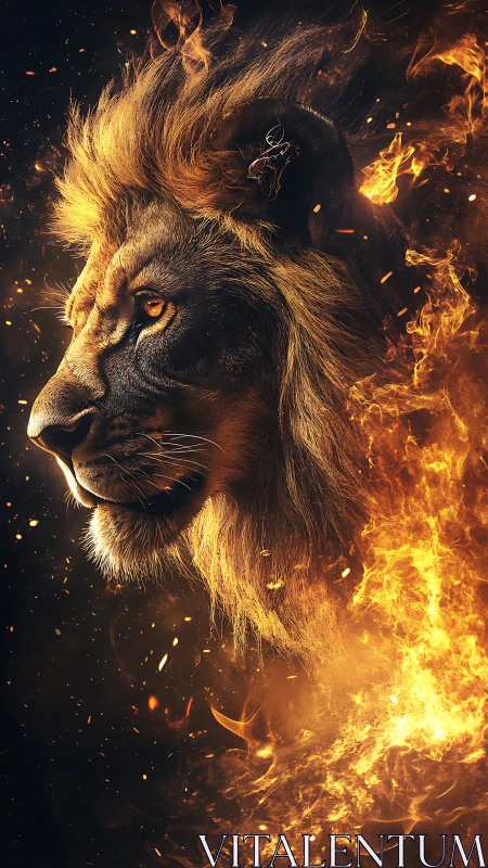 Majestic lion profile engulfed in swirling elemental fire.