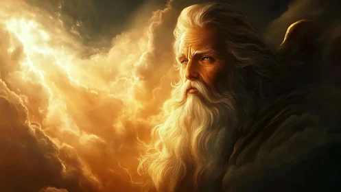 Storm-wreathed elder contemplates sunlight spilling through eternity