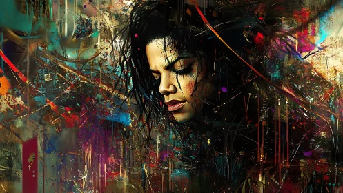 Somber muse adrift in neon-splashed abstract stormscape.