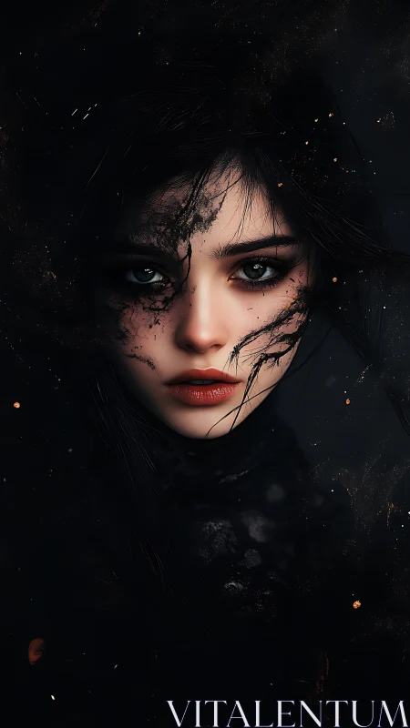 Midnight muse with ember-kissed, mysterious gaze.