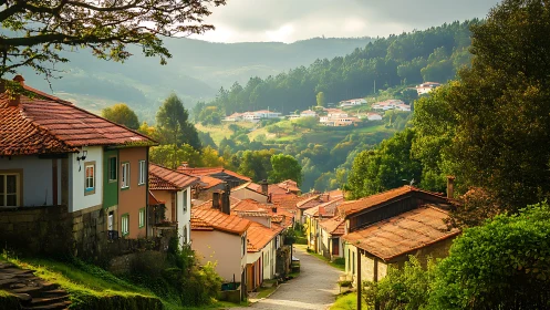 Hillside village street recedes between tiled-roof houses