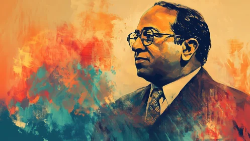 Portrait of a suited man in profile with abstract background.