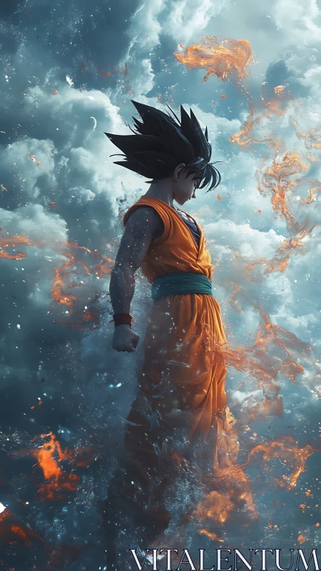 Fiery anime warrior ascends through storm-charged clouds