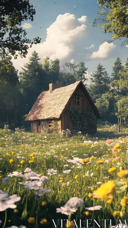 Sunlit forest cottage nestles gently in a wildflower meadow