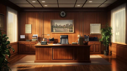 Sunlit executive sanctuary turns polished wood into calm power