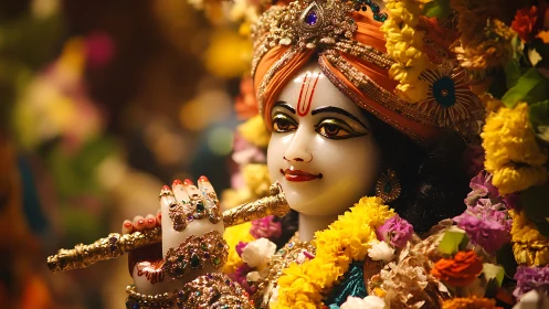 Krishna deity statue with jeweled flute amid vivid garlands.