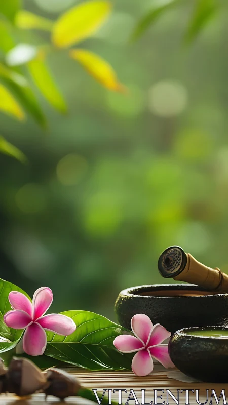 Zen plumeria blossoms lounge beside stone bowls of calm