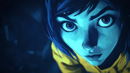 High-contrast blue portrait with dynamic upward gaze lighting.