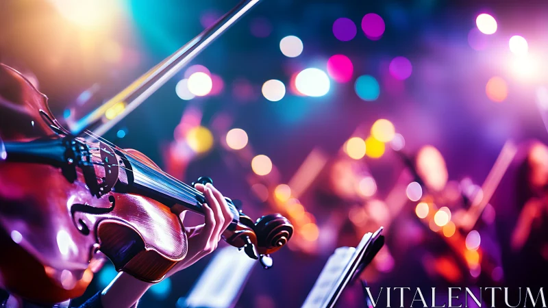 Violin close-up under concert bokeh lighting, orchestral focus.