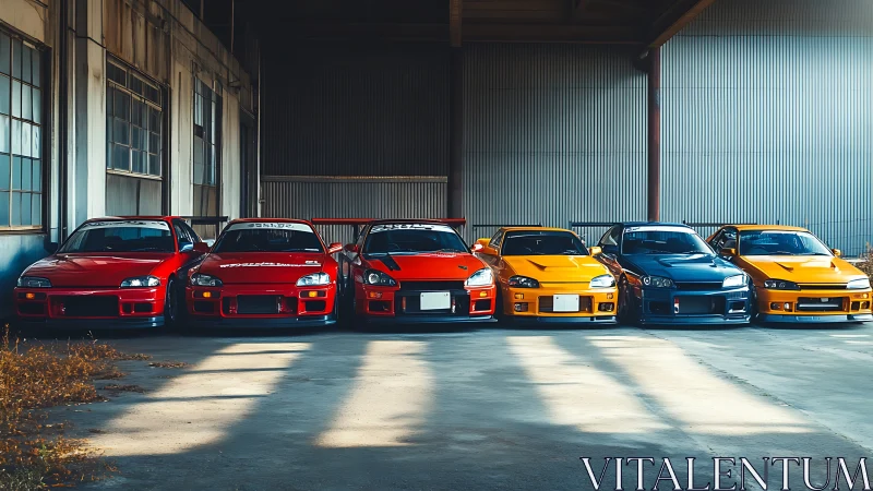 Row of tuned Japanese sports cars aligned under warehouse light