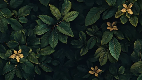 Golden blossoms resting gently among deep green leaves.