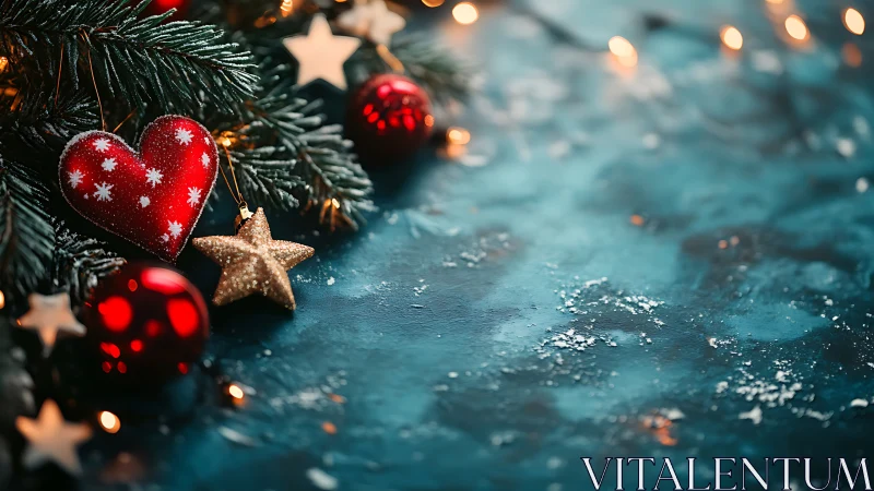 Red heart ornament on fir branch with festive bokeh lights.