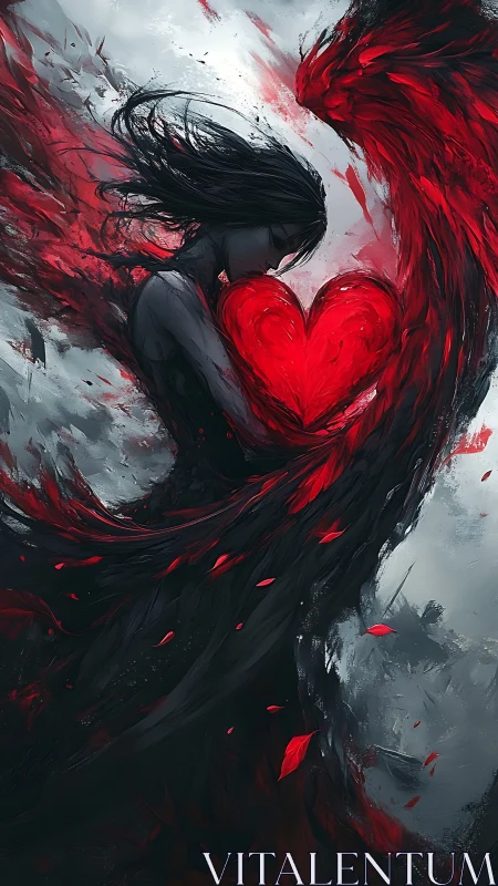 Dark surreal woman embracing blazing red heart storm.
