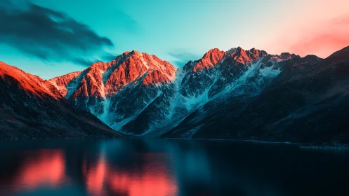 Alpine cirque lake under cyan sky and red sunrise alpenglow