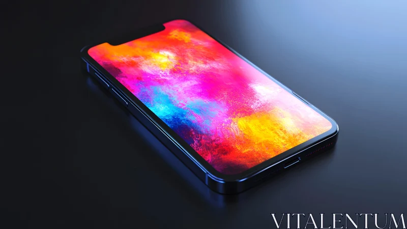 Modern smartphone on dark surface with vibrant abstract screen.