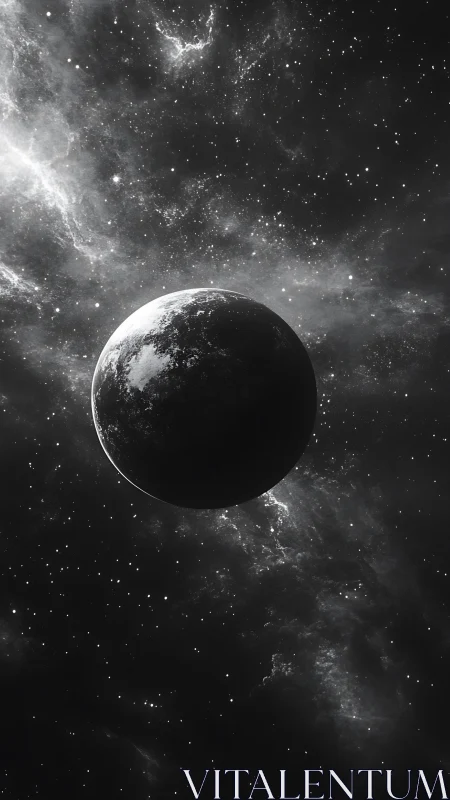 Quiet planet drifting through a silver-speckled night sky.