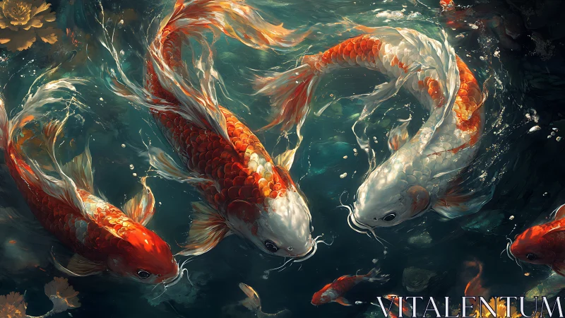 Koi carp swimming in sunlit pond with rippling water surface.