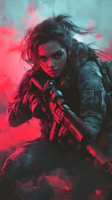 Tactical sniper portrait under bipolar neon lighting