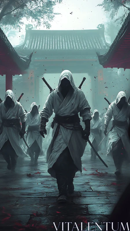 Silent blades converge beneath the jade temple fog.
