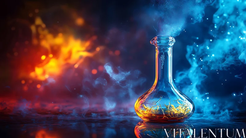 Glass potion bottle with glowing fire and smoke effects.