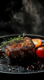 Seared steak with rosemary and tomato on dark plate.