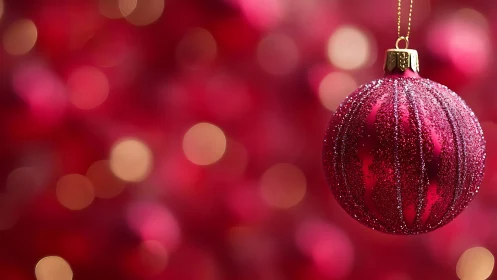 Sparkling crimson bauble drifting in rosy holiday bokeh.