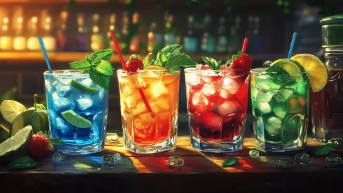 Colorful Cocktails with Citrus Garnishes on Evening Bar Counter
