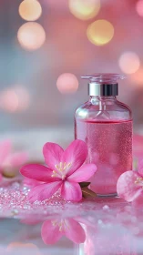 Pink blossom perfume bottle hums under dreamy bokeh lights