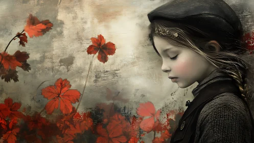 Quiet daydreaming girl rests beside drifting red flowers