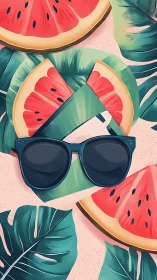 Watermelon slices and sunglasses in flat tropical layout.