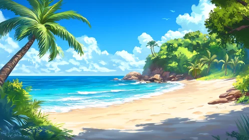 Tropical Coastal Paradise with Palms, Boulder Formations, and Turquoise Waters