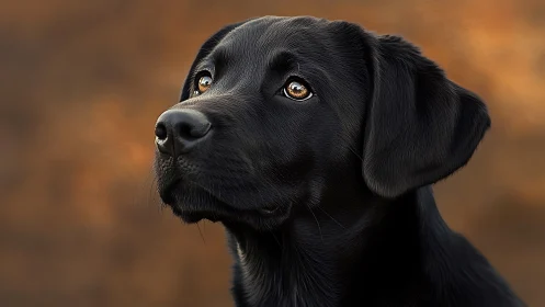 Photorealistic portrait of black Labrador against warm bokeh background.
