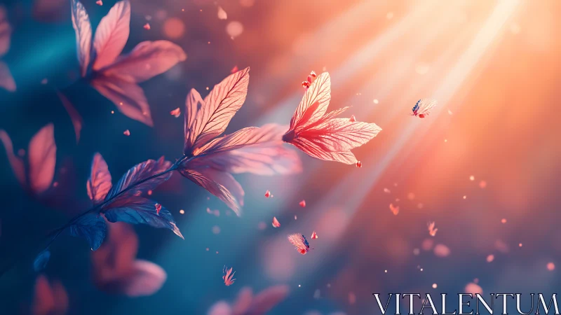 Luminous petals drift through warm ethereal sunset light