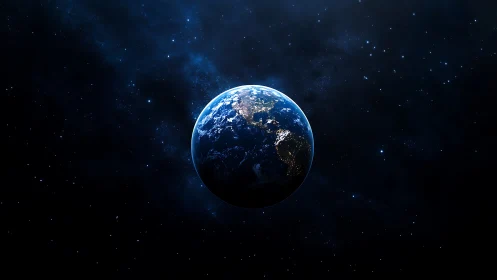 Illuminated Earth hemisphere with city lights in deep space