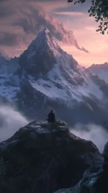 Solitary figure observing glaciated peak under volumetric dusk sky
