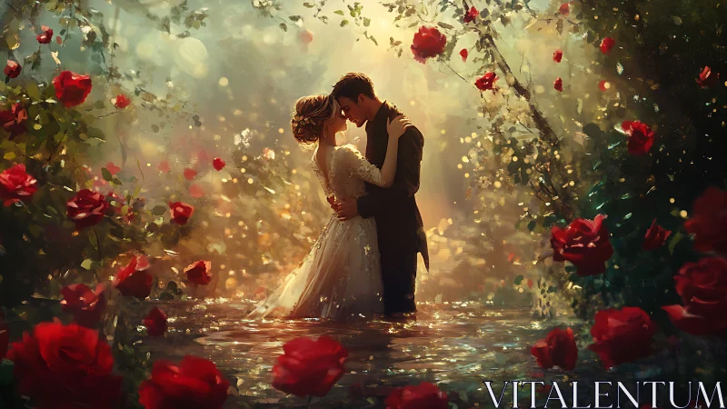 Couple in formal attire positioned among red roses and luminous particles.