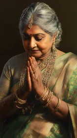 Elderly Indian woman prays in traditional silk saree