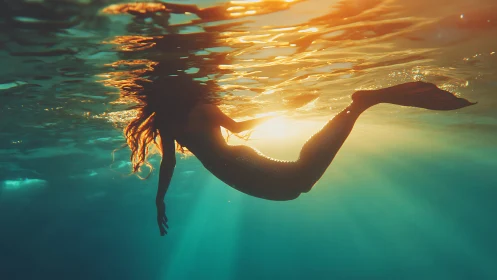 Sunlit mermaid glides through turquoise water at dusk.