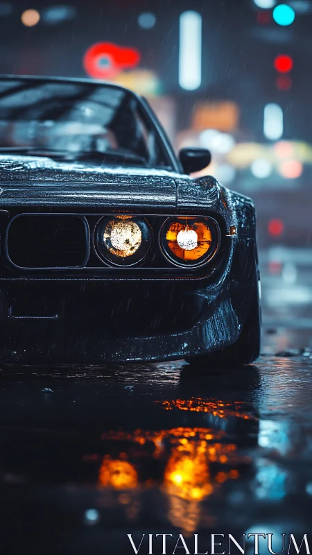 Classic muscle car idles on neon city street in rainfall