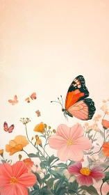 Butterflies drift above pastel blossoms in a sunlit spring sky