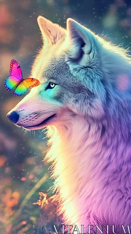 Iridescent wolf and rainbow butterfly in dreamy glow.