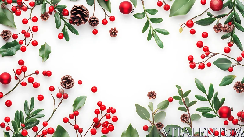 Flat-lay holiday border with berries, leaves and pinecones