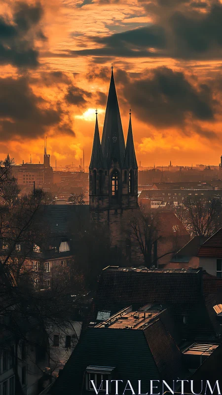 Church spire rises over city rooftops at dramatic sunset