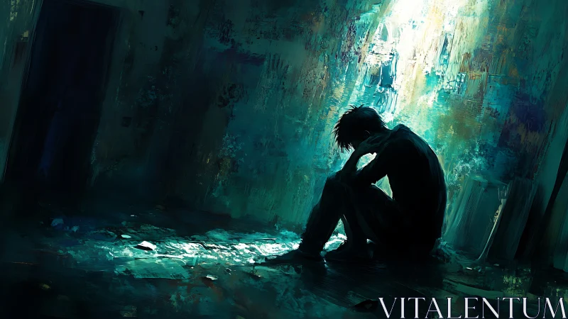 Lonely figure sitting on floor in dark teal room.