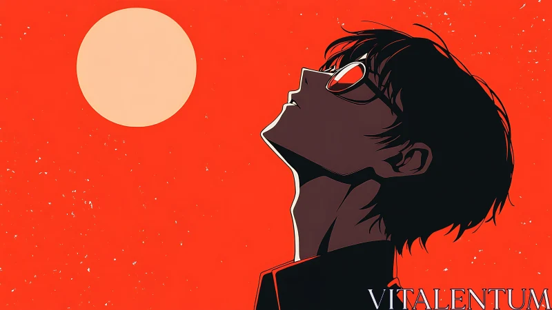 Quiet daydreamer under a glowing sunlit sky of red.