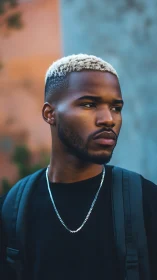 City glow on a thoughtful face with quiet street style.