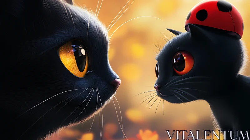 Black cat with golden eyes meets black cat wearing ladybug helmet.