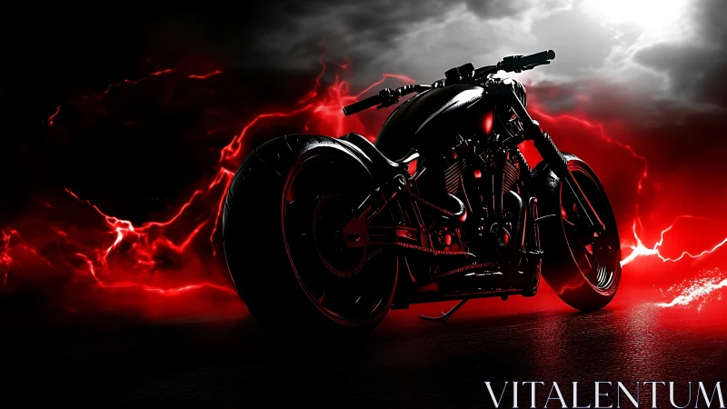 Custom black motorcycle with red lightning storm backdrop.