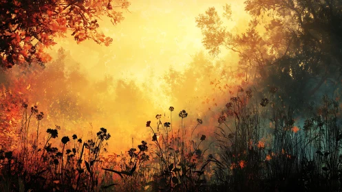 Sunlit autumn meadow with silhouetted wild grasses.