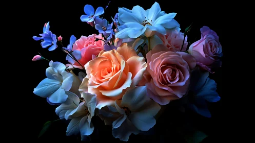 Luminous Floral Composition: Vibrant Roses and Blue Flowers Against Black.